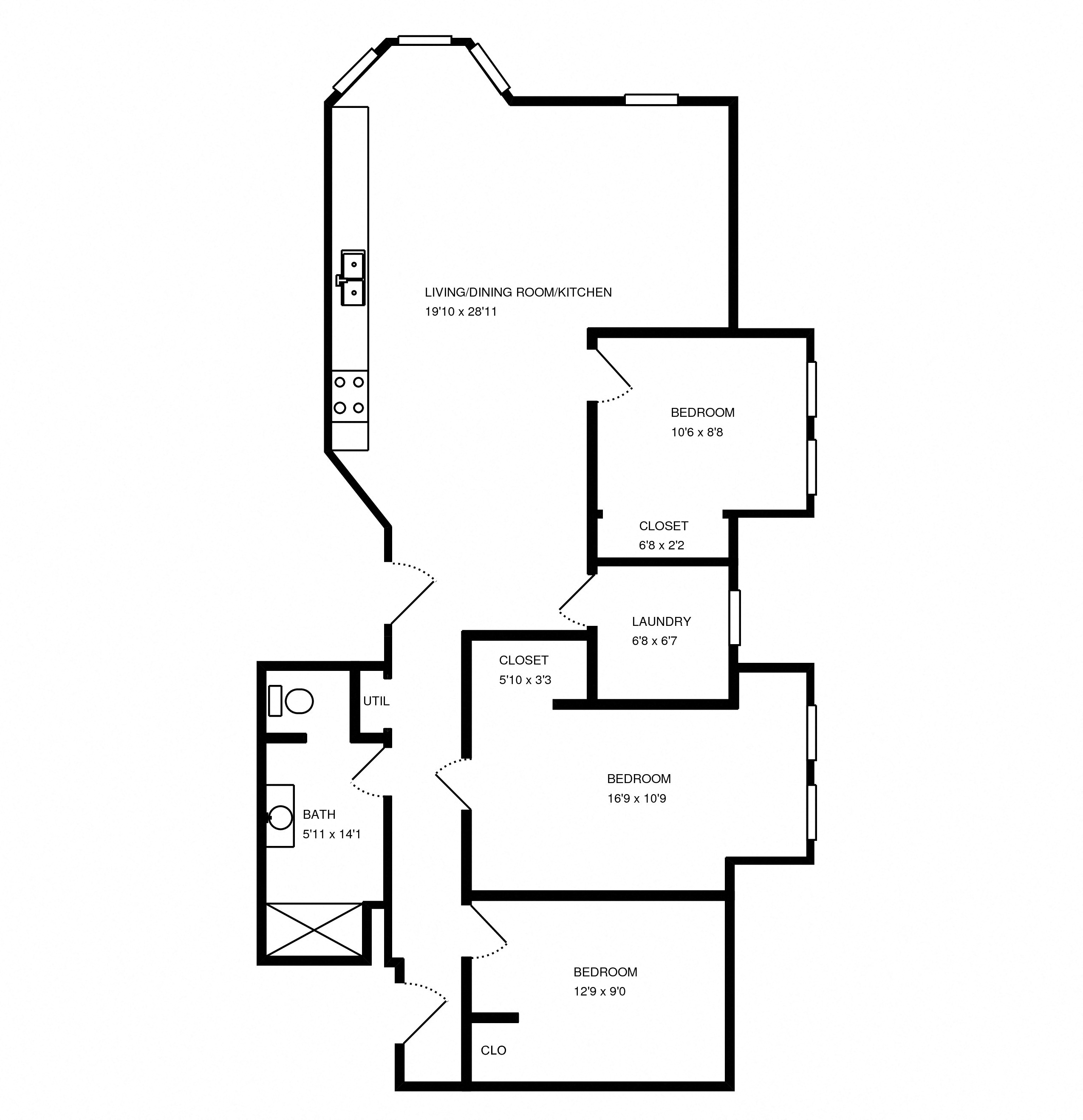 Floor plan for 3 beds, 1 bath, 1000 sqft